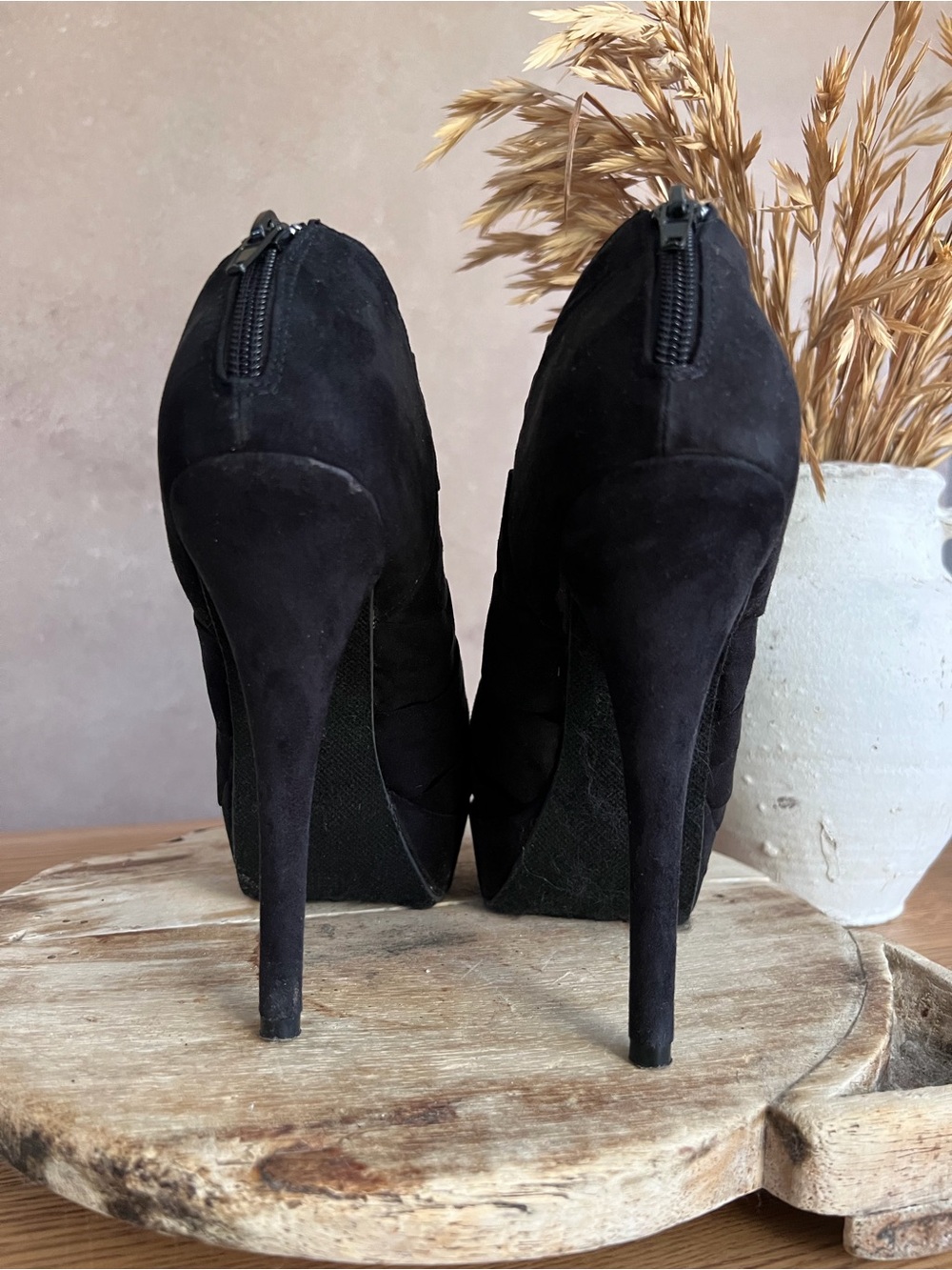 Black Ruched Peep-Toe Platform Stiletto Booties - DIVA Lounge SIZE 7 - Picture 3 of 10
